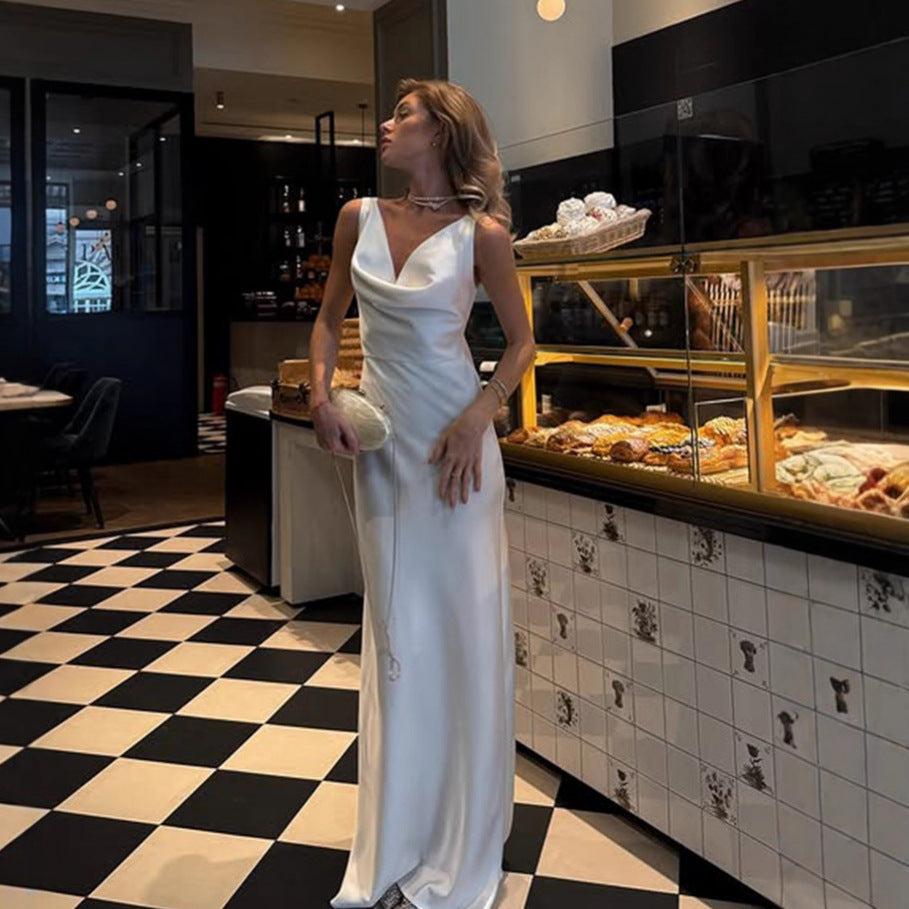 Women's Fashion French Style  Sleeveless V-Neck Swing Collar Dress Satin Dinner Dresses Chest Pleat Design Elegant Textured Slim Fit Party Socialite Dress