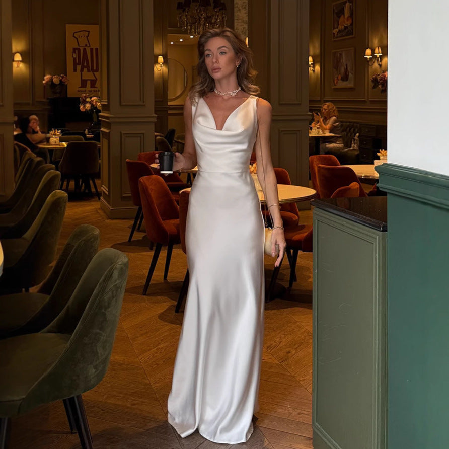 Women's Fashion French Style  Sleeveless V-Neck Swing Collar Dress Satin Dinner Dresses Chest Pleat Design Elegant Textured Slim Fit Party Socialite Dress